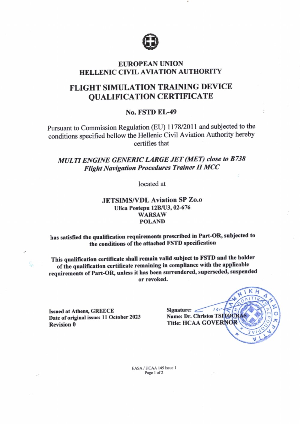 FSTD EL-49 Qualification Certificate — page 1
