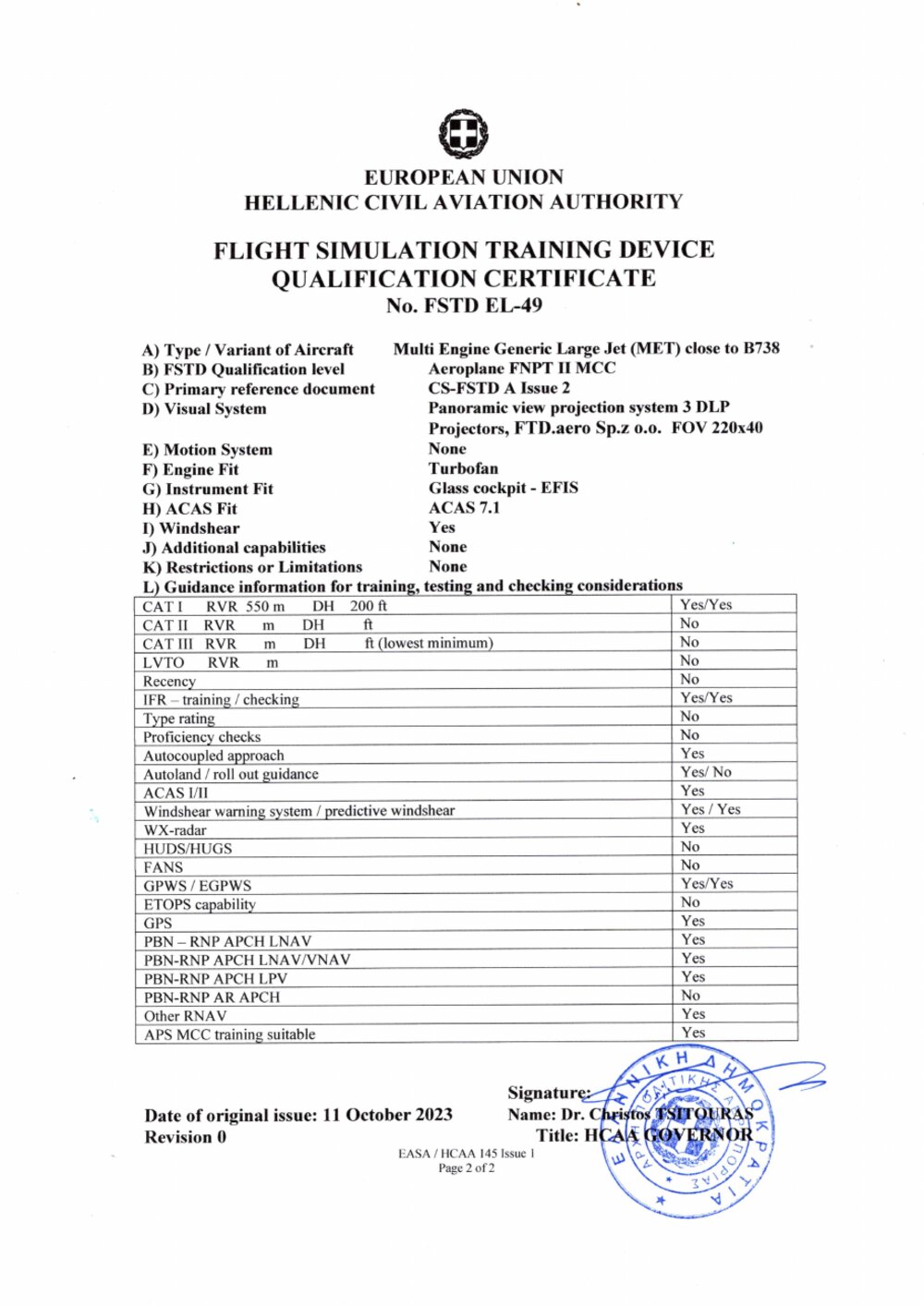 FSTD EL-49 Qualification Certificate — page 2, technical specifications